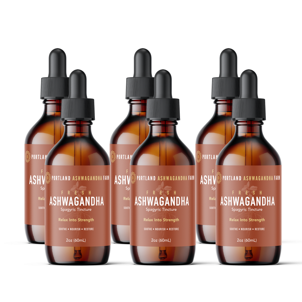 Six 2oz amber bottles of Portland Ashwagandha Farm Fresh Spagyric Tincture lined up