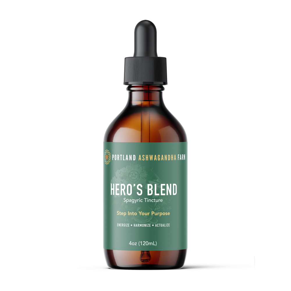 Hero's Blend Spagyric Tincture, 4 oz amber dropper bottle, front
