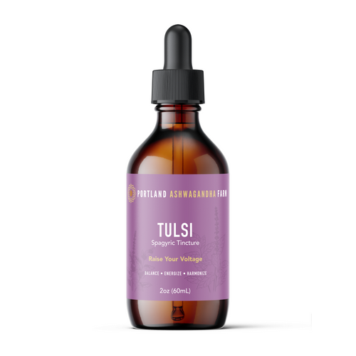 Tulsi Spagyric Tincture, 2 oz amber dropper bottle, front